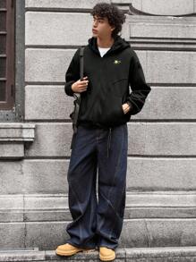 SWAVVY Men's Knitted Casual Loose Fit Long Sleeve Hooded Sweatshirt, School, Fall, Winter, Couple Things - Black - View 3