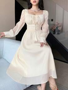 DAZY Women Elegant Wedding Guest Solid Color Square Neck Puff Sleeve Tie-Up Mid-Long Dress, Spring Prom Dress,Fall Dress Long Sleeve Dress