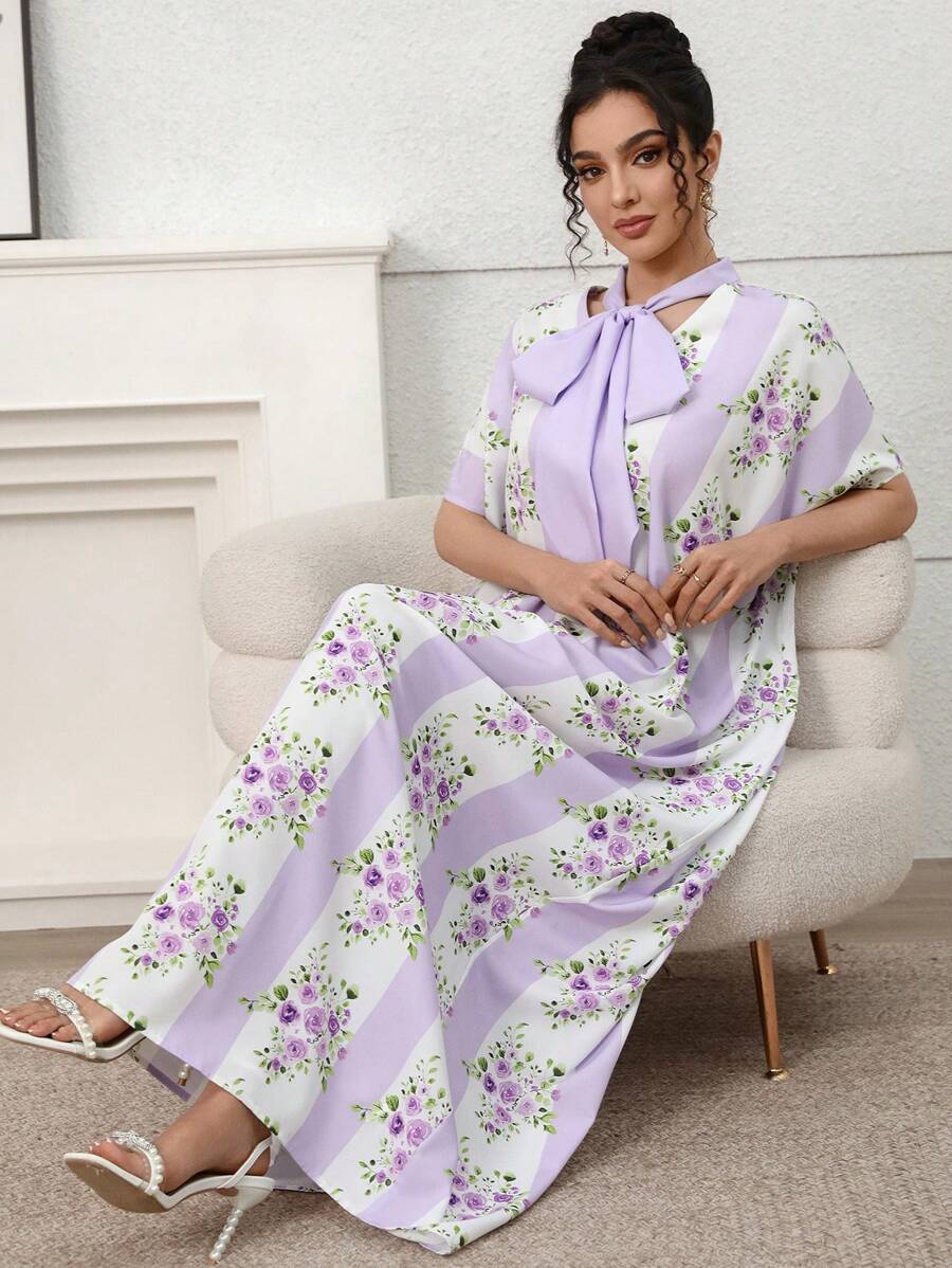 Yasmyna 女式纯色拼接简约休闲长款阿拉伯连衣裙 - 彩色 - 查看 1