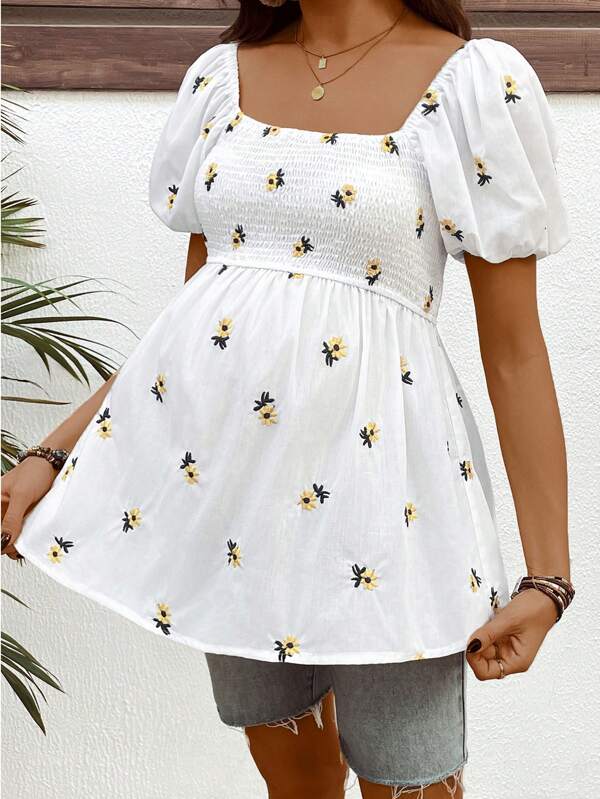 SHEIN Maternity Bohemian Embroidered Breastfeeding Smock Top