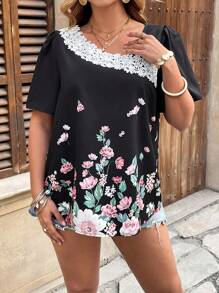 Flirla Große Größen Boho Vintage romantische Bluse mit floraler Spitze und asymmetrischem Ausschnitt, Kurzarm, Frühling/Sommer - Schwarz - Übersicht 4