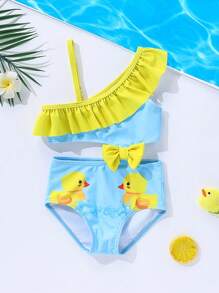 SHEIN Baby Girl  Cute  Duck Print Bow Decor Ruffled Trim Swimsuit,Hollow-Out Waist And  Adjustable Straps For Beach Vacation In Summer