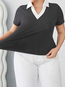 SHEIN Essnce Plus Size Women's Black & White Contrast Color 2 In 1 Short Sleeve T-Shirt, Versatile & Slimming, Spring/Summer - Dark Grey - View 6