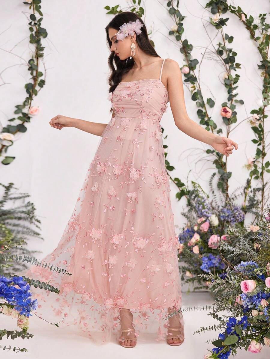 Coutiva 女士优雅花卉刺绣无袖正式晚礼服，女士春夏时尚派对约会节日婚礼名人礼服，时尚腰部和大礼服，婚礼宾客礼服 - 粉色 - 查看 1