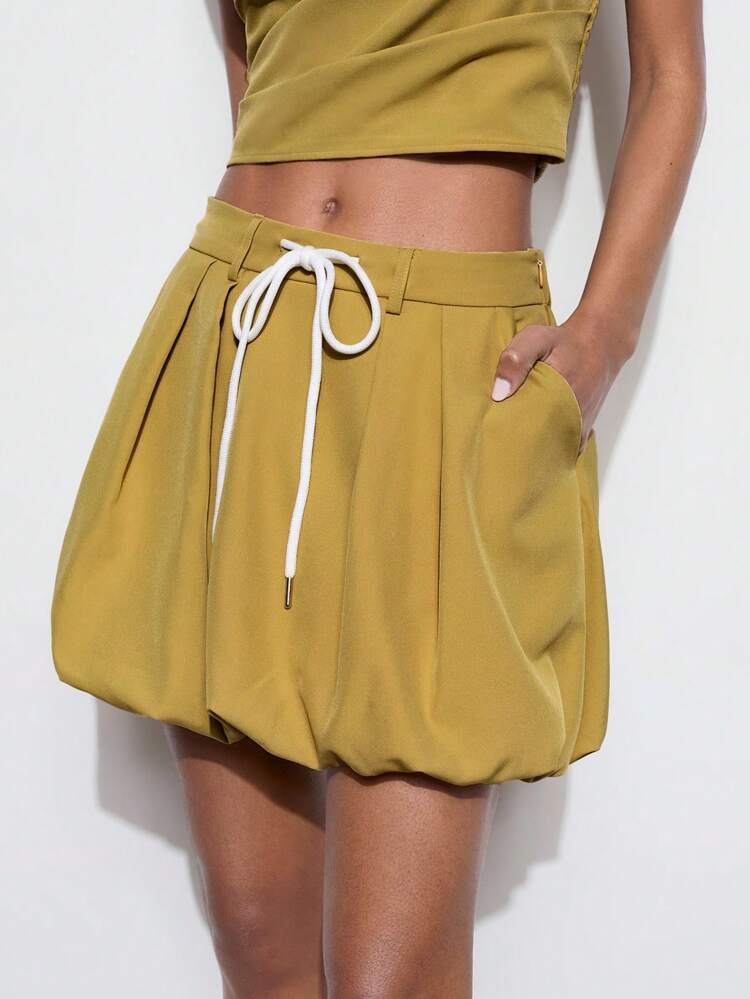 SHEIN Maija レディース 無地 ドローストリング ウエスト ギャザー ヘム ミニスカート