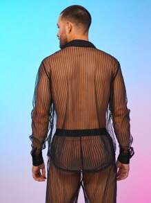 FeverCity Men's Mesh Panel Loose See-Through Shirt Set - Black - View 2