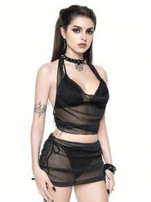 ROMWE Bộ bikini hở lưng trơn phong cách phù thủy Goth kèm áo lưới lấp lánh và chân váy, kỳ nghỉ hè trên bãi biển, Halloween - màu đen - Xem 4