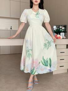 DAZY 1 pieza Vestido suelto de manga abullonada con escote en V y estampado floral para mujer - Albaricoque - Ver 6