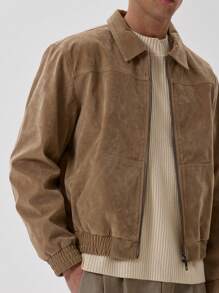 Musero Suede Full Zip Bomber Jacket - Khaki - View 3