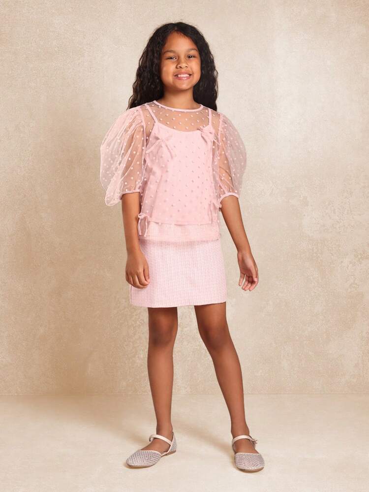 Mesh Polka Dot Puff Sleeve Blouse With Bow Detail