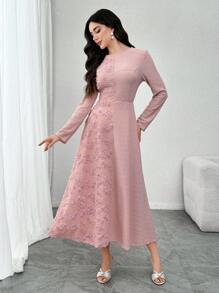 Modelyn Embroidered Patchwork Waisted Women Dress - Pink - View 3