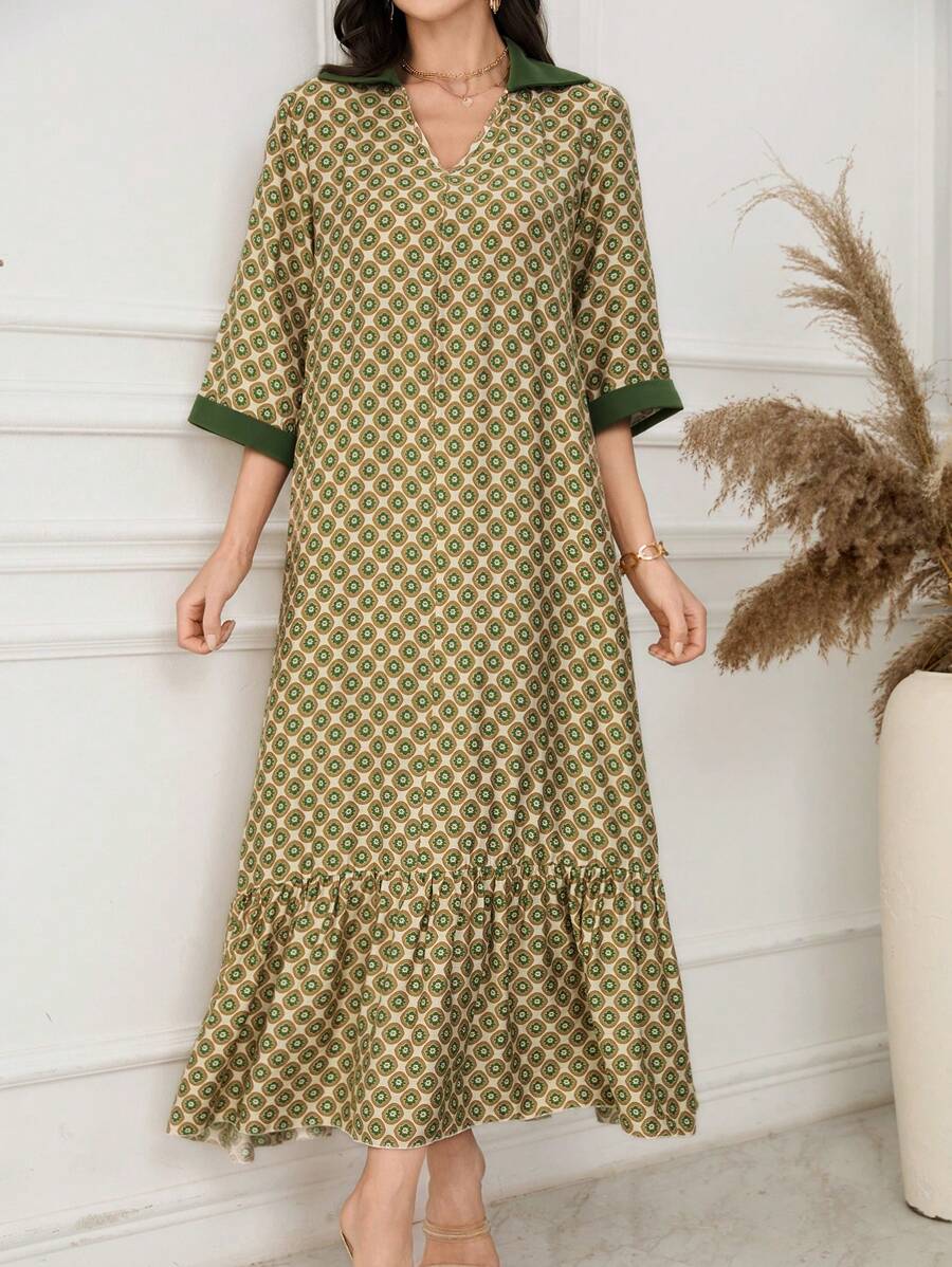 Lacomfia 女式撞色 H 型花卉印花休闲连衣裙,春夏 - 綠色 - 查看 1