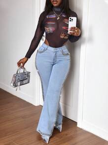 Slaydiva 女式前扣口袋休闲牛仔裤，简约设计，适合日常穿着 - 藍色 - 查看 4