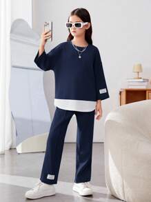 SHEIN 2 件套 Tween 女童街头风针织拼布圆领 3/4 袖上衣和宽腿印花裤休闲装 - 藏蓝色 - 查看 5
