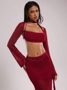 SHEIN BAE Women Burgundy Red Hollow Out Long Sleeve Cropped Vest And Halter Neck Knit Top 2 Pieces Set,Autumn Chic Club Night Vacation Beach Outfits - Red - View 7