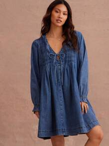 WESTFADE V Neck Tie Front Long Sleeve Pleated Denim Mini Dress Cowgirl Outfit
