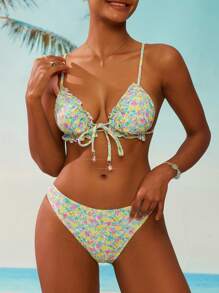 Swim Mod Women's Ditsy Floral Printed Romantic Bikini Set Swimwear Set For Spring, For Summer Beach Vacation - Mint Green - View 3
