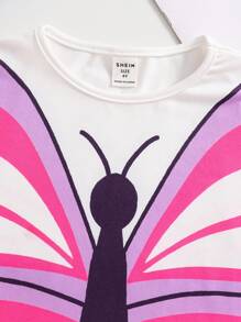 SHEIN Camiseta casual de manga de murciélago con cuello redondo y estampado de mariposa para niña - Blanco - Ver 5