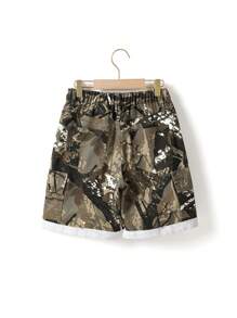2pcs Tween Boys Casual Branch Camouflage Print Denim Short Sleeve Shirt & Elastic Waist Cargo Shorts Set - Army Green - View 7