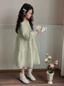 Dazy Kids Tween Girl Midi A-Line Lace Patchwork Solid Color Princess Style Round Neck Long Sleeve Dress - Mint Green - View 6