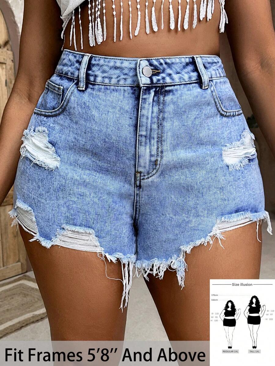 SHEIN Tall CURVE 女士加大码蓝色破洞牛仔短裤 夏季度假 90 年代春季 女士 Y2K 牛仔风 女士 狂欢春假 外出街头 2000 年代风格 女士海滩装 波西米亚风 伊比萨风 女士节日装 辣妹 单身派对 女士音乐会 外出装 - 藍色 - 查看 1