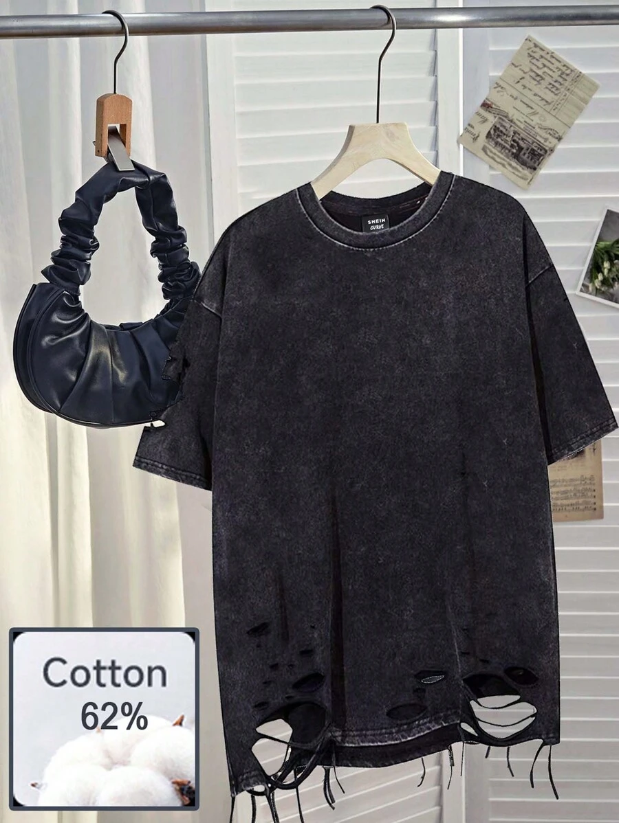 SHEIN EZwear Plus Size Women's Casual Black Short Sleeve Acid-Washed Summer T-Shirt - Black - View 1