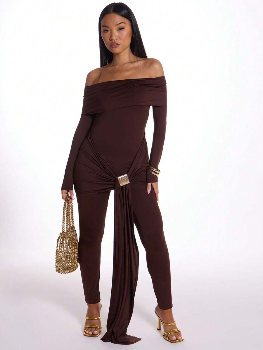 MUSERA Off The Shoulder Drape Detail Slinky Jumpsuit Elegant Prom Graduation Spring Summer Vacation