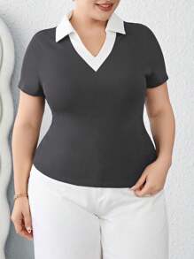 SHEIN Essnce Plus Size Women's Black & White Contrast Color 2 In 1 Short Sleeve T-Shirt, Versatile & Slimming, Spring/Summer - Dark Grey - View 4