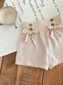 SHEIN LMoss Kids Baby Girl Casual Khaki Bow Decor Shorts, Summer