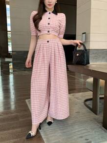 DAZY 2pcs Women Set Contrast Plaid Front Button Blouse And Long Pants Suit