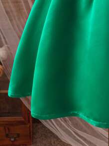 1pc Tween Girls Green Satin Puffy Sleeve Collared Blouse And Voluminous Puff Princess Dress, Spring/Summer - Green - View 4