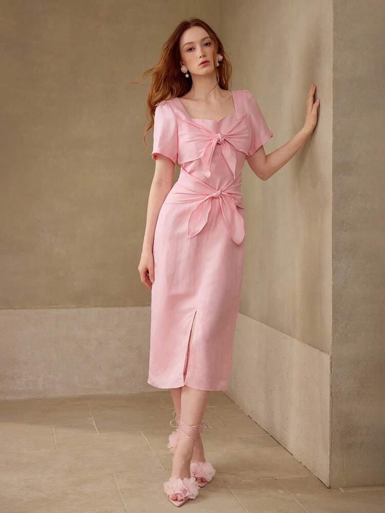 chinese dress ladies Knot Linen Dress Mini Coral – Ophelia Swimwear main image 0