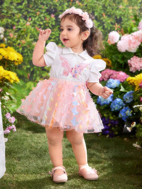 SHEIN 2 件装女婴可爱夏季蝴蝶网裙和蝴蝶图案上衣套装