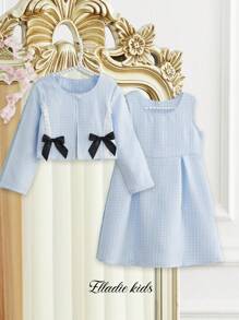 SHEIN Young Girl Front Button Long Sleeve Bow Decor Simple Jacket And Dress Set - Blue - View 2