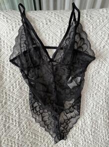 DAZY Spaghetti Strap Lace See-Through Deep V Neck Backless Bodycon Jumpsuit, Sexy - Black - View 9