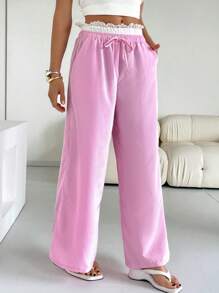 SHEIN Essnce Pink Pants Valentines Clothes Women's Casual Contrast Waistband Striped Wide Leg Pants