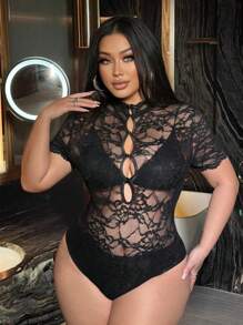 Flirla Sexy Elegant Date Night Party Valentine's Lace Hollow Out See-Through Button Plus Size Short Sleeve BodysuitValentine's Day - Black - View 1