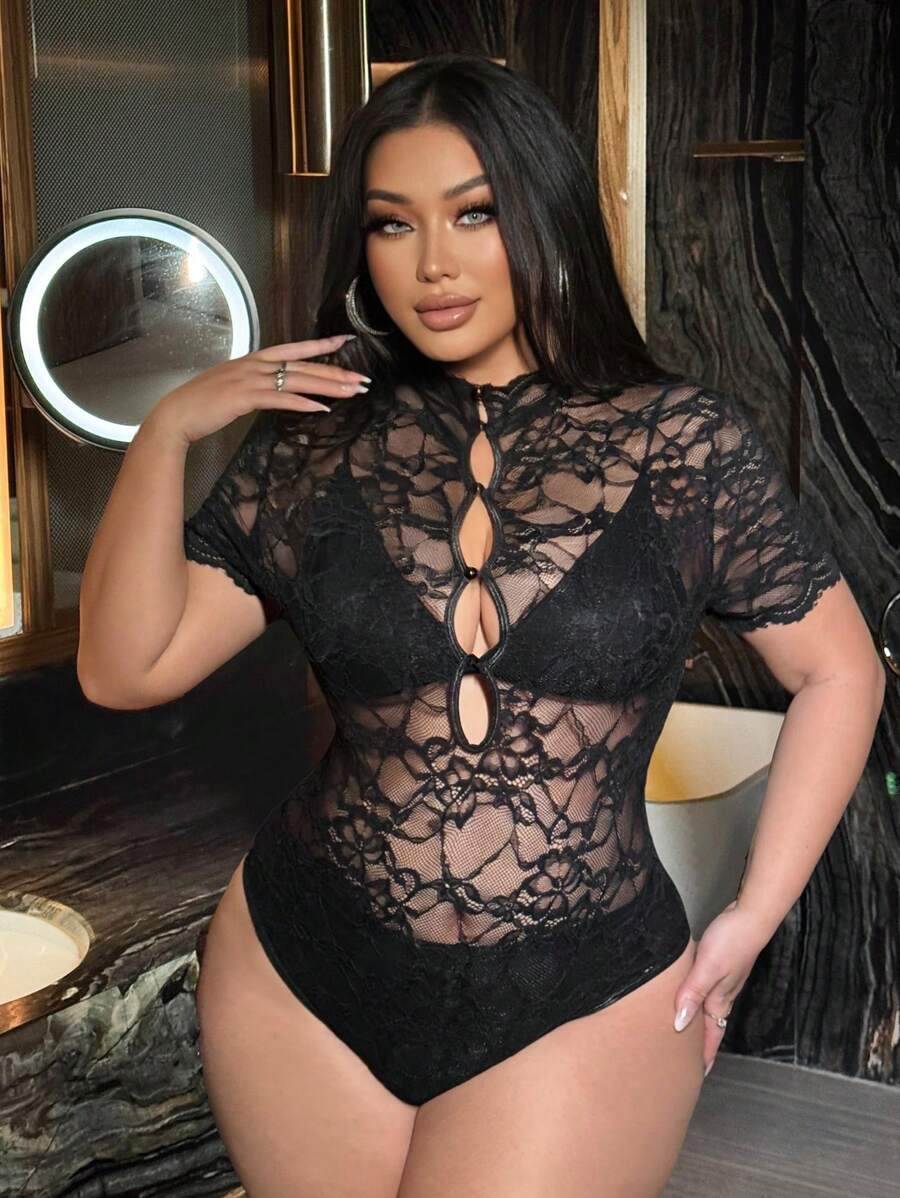 Flirla Sexy Elegant Date Night Party Valentine's Lace Hollow Out See-Through Button Plus Size Short Sleeve BodysuitValentine's Day - Black - View 1