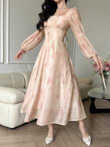 DAZY Robe mi-longue en mousseline de soie à imprimé floral, convenant pour un premier rendez-vous au printemps/automne. Robe élégante à manches longues, robe de Pâques - Nude - Voir 3