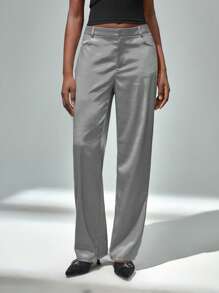 SHEIN Unity 时尚假日简约灰色缎面亮面修身优雅女裤 - 淺灰色 - 查看 3