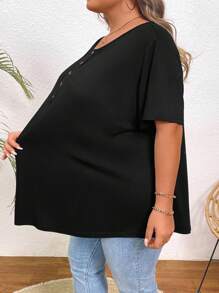 SHEIN CURVE+ Women's Plus Size Round Neck Button Detail T-Shirt - Black - View 5