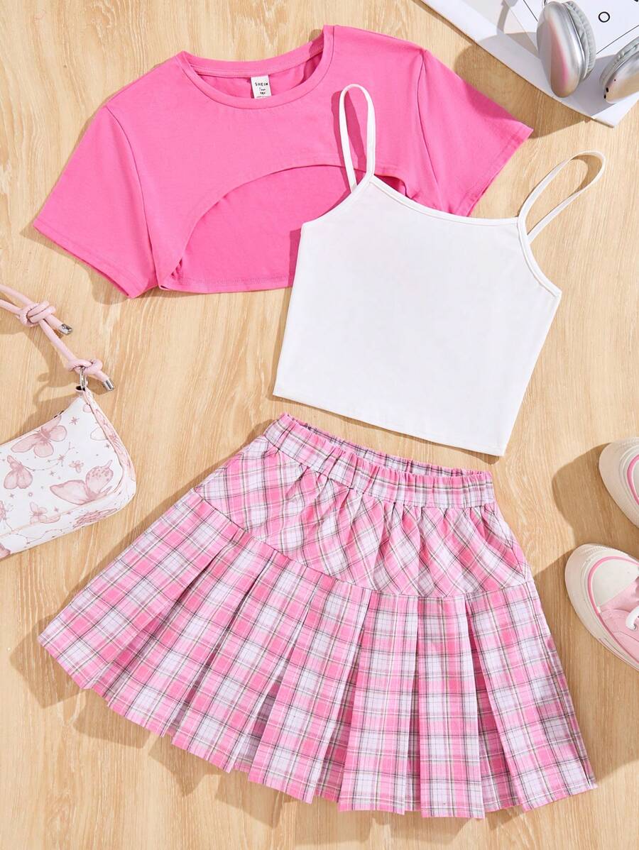 SHEIN Leap Crew 3pcs/Set Plaid Pattern Sweet & Cute American Campus Style Casual Outfit Set For Teen Girls, Versatile - Pink - View 1