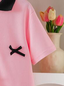 Collegiate Style Short Sleeve Polo Collared Top With Bow Decor & Pleated Mini Skirt, For Daily Wear Spring/Summer,Holiday,Summer,Travel - Pink - View 4