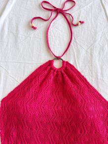 Soleia Textured Crochet Tie Front Halter Backless Top, Vacation Wear - Hot Pink - View 3