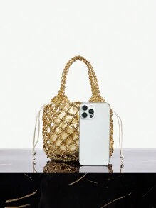 SHEIN SXY 女士手提包，编织包，镂空，时尚，优雅，简约，个性化，多功能，适合海滩，度假，假日，夏季，海边 - 金色 - 查看 6
