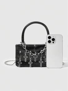 ROMWE Goth Dark Motorcycle Style Fashion Handbag, Suitable For Commuting And Travel - Black - View 3