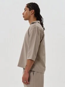 Musero Camisa de cuello con escote en V profundo, manga corta y hombros caídos, un estilo esencial para la primavera y el verano - Caqui - Ver 2