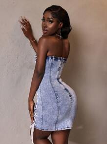 Slaydiva Women's Simple Casual Sleeveless Tie-Up Denim Mini Dress - Blue - View 3