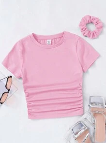 SHEIN Girlism Tween Girl Slim Fit Casual Round Neck Short Sleeve T-Shirt With Side Ruching And Scrunchie - Baby Pink - View 4