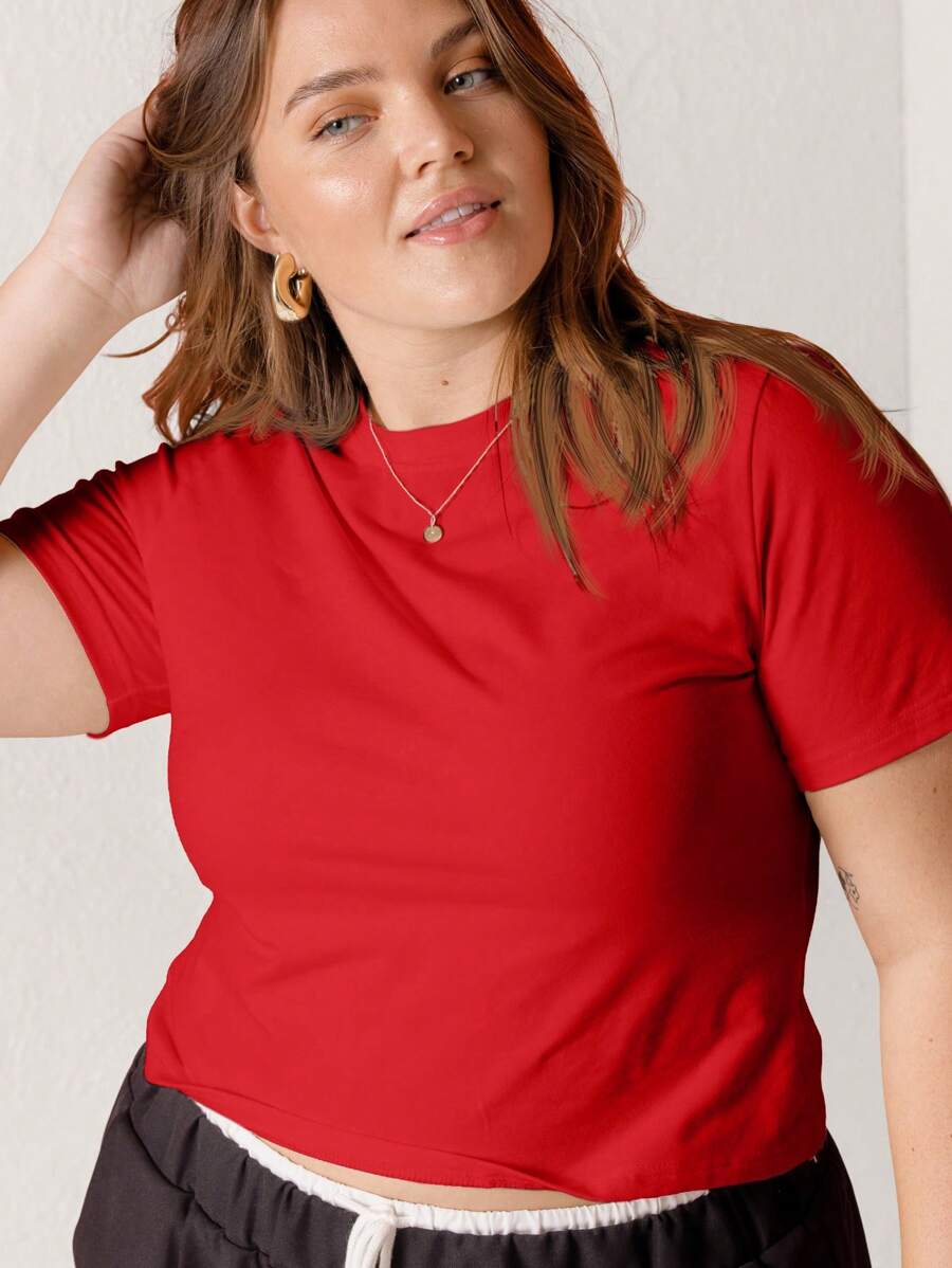Aralina Fall / Winter Cotton Plus Size Curve Solid Colour Crewneck Round Neck Slim Fit Baby Tee Basic Tee Essential Tee Going Out Top - Red - View 1